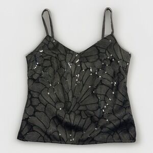 White House Black Market M Black Floral Embroidered Sequin Cami Tank Top